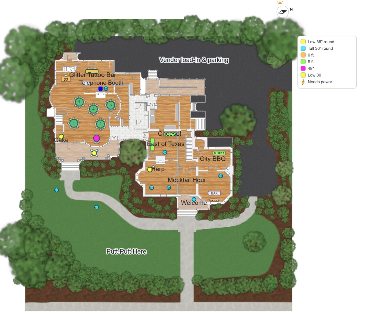 A Terralynne plan of a house and its grounds: rooms filled with wood floors, a cocktail hour and mocktail bar laid out, lawn, paths, mulch beds and trees outside, a compass with the sunset side marked.
