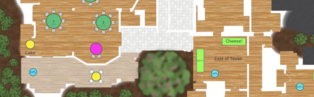 A Terralynne plan: wood floors filled room by room, a stone path, mulch beds and trees outside, tables with chairs, a cake table and a buffet.